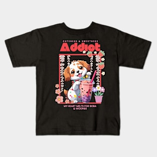 Sippin' Sweetness: Boba Bliss, Doggy Hugs, and Kawaii Love Kids T-Shirt